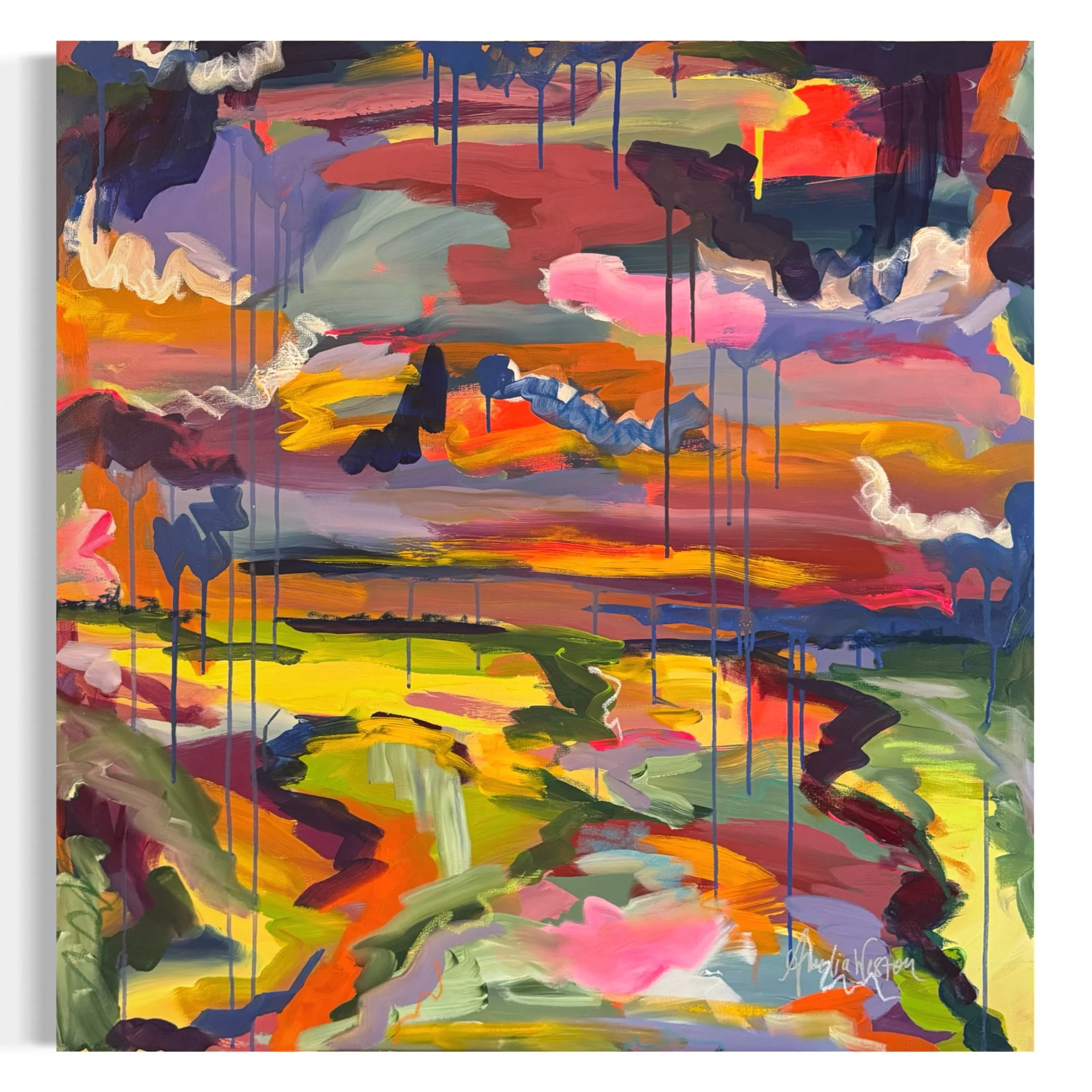 A landscape caught somewhere between a storm rolling in and the sky finally breaking open again. Layers of color, movement, and memory inspired by the drama of southern skies before (or after) rain 🌧️ 

Heavy Skies
Acrylic and oil pastel on canvas 
