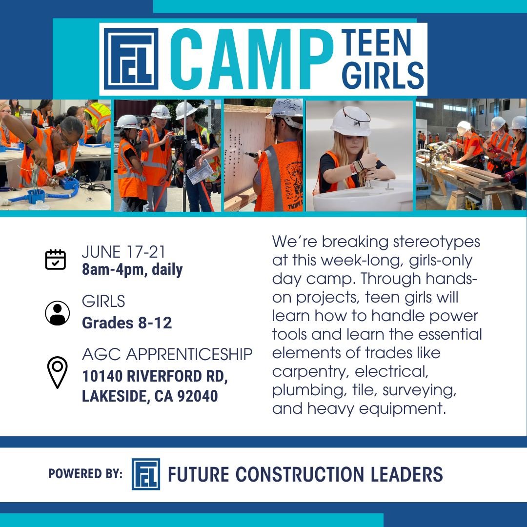 Registration opens on April 26th for this hands-on introduction to construction camp. Learn more in our bio.

#futureconstructionleaders #handsonlearning #fclcamp #introductiontoconstruction #freeeventsandiego #sandiegoca #sandiegocounty #summercamp2