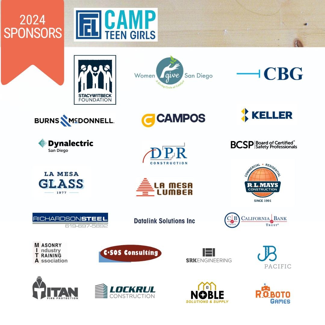 The #FCLCamp Financial Sponsors allow the one-week introduction to careers in construction, FCL Camp for Teen Girls, to be 100% free for the campers. Thank you, @stacywitbeck, Women Give San Diego, @cbgbuildingco , @burnsmcdonnell , Campos EPC, @kell