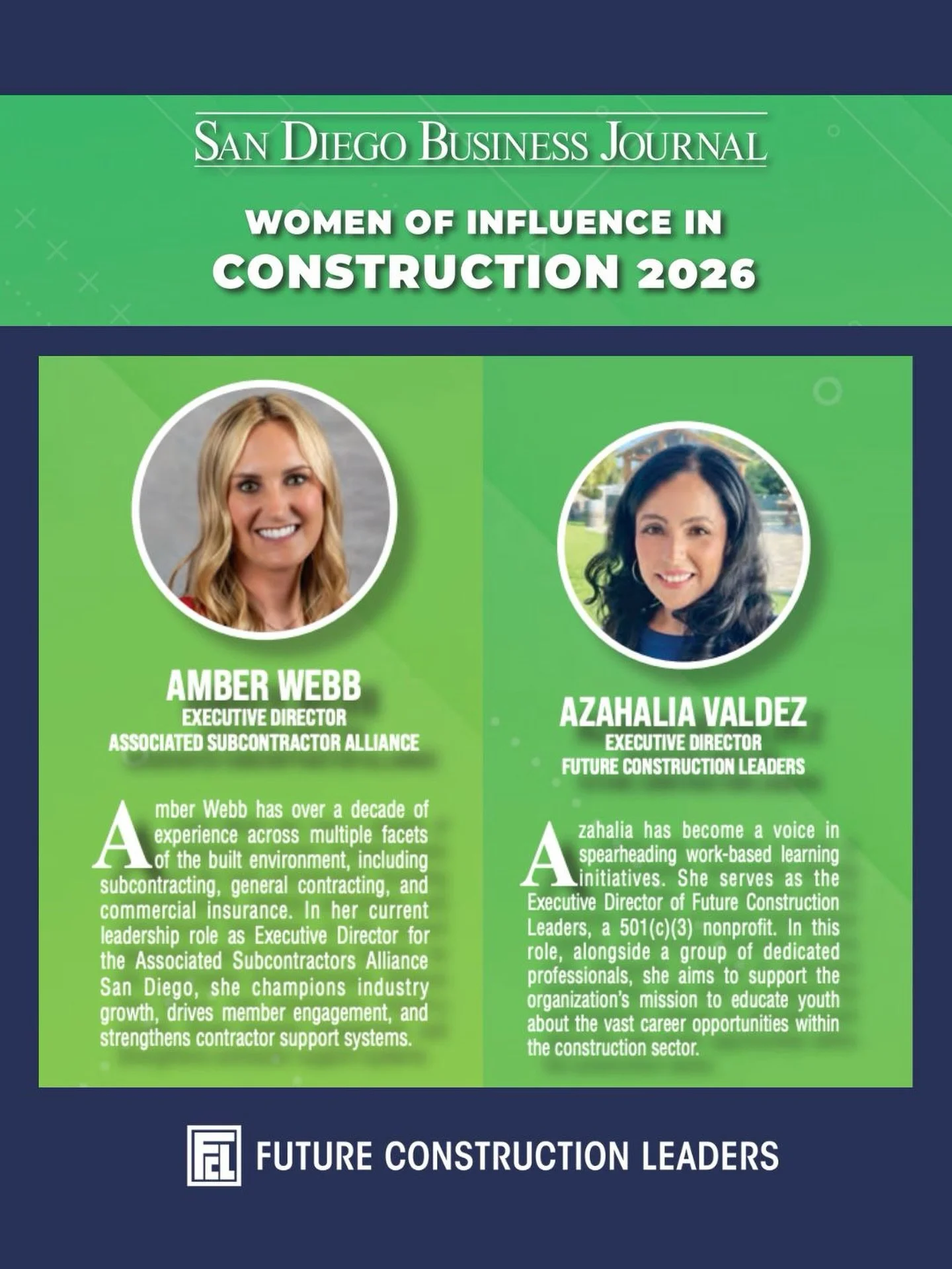 Congrats to our very own Amber and Azahalia for being recognized by San Diego Business Journal&rsquo;s Women of Influence in Construction 2026! Be sure to check out the entire list of featured women at sdbj.com