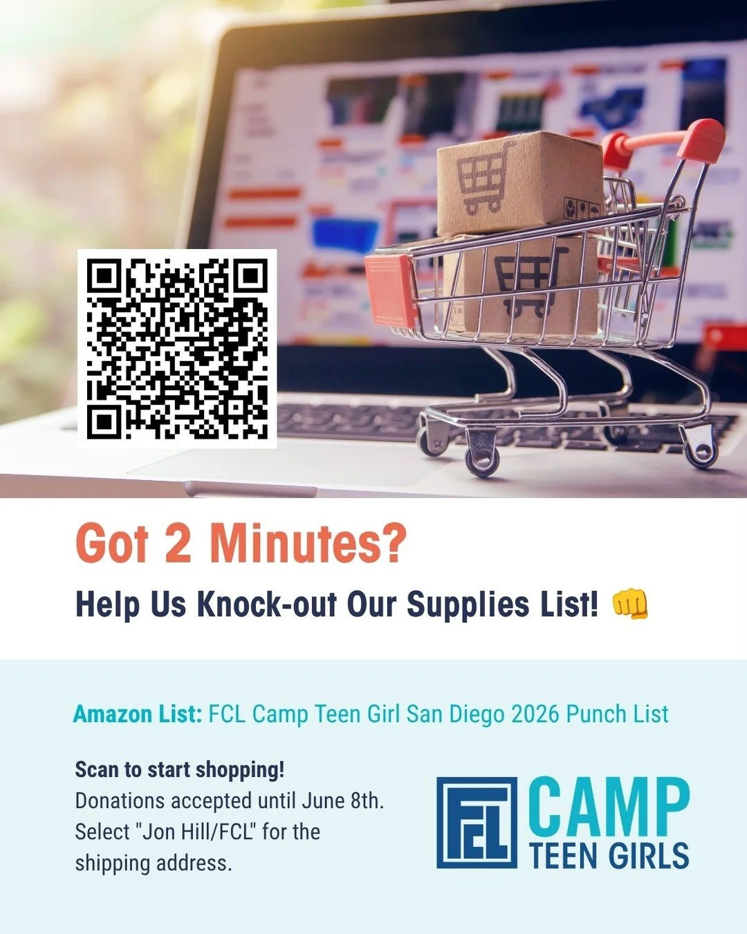 Looking for a way to support our upcoming FCL Camp Teen Girls - San Diego event? It just takes 2 minutes:

Go to our Amazon List (link in bio)

Purchase item(s) before June 8th

Ship them directly to camp by selecting "Jon Hill/FCL" for the