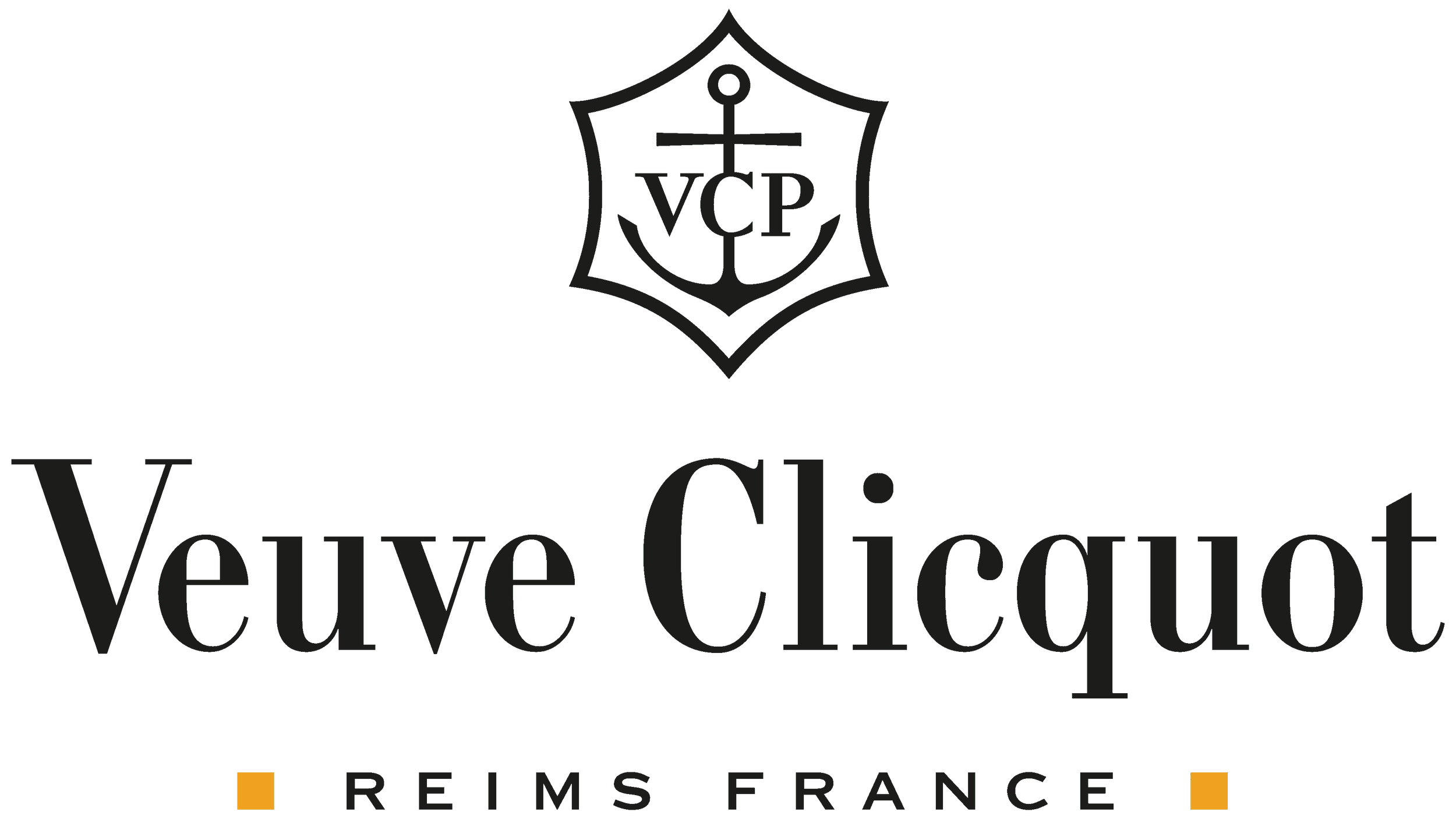 Logo of Veuve Clicquot reims France featuring a shield with an anchor and the initials VCP, with the text Veuve Clicquot and two small orange squares, and the words Reims France.