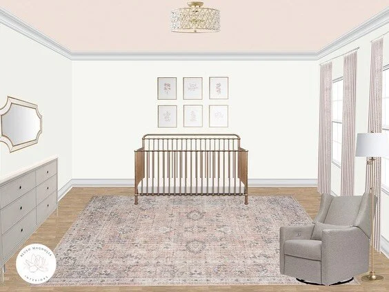 The sweetest nursery for a baby girl on the way. Blush + gray is such a classic palette. That pink ceiling - the color is gorgeous white by Sherwin Williams - makes for such a dreamy space. 

My E-Design, or virtual interior design, packages include 