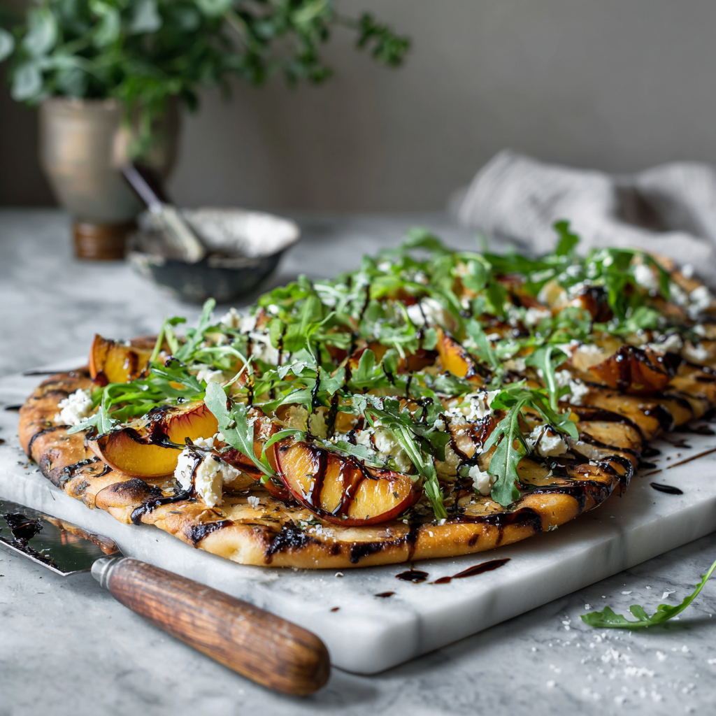 Summer Recipe: Grilled Peach + Arugula Flatbread with Goat Cheese & Balsamic Glaze