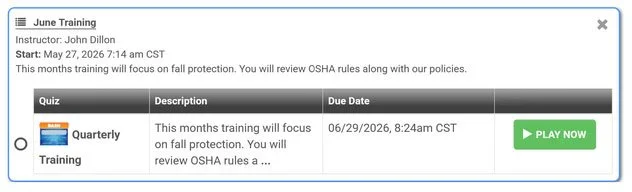 Screenshot of an online training quiz page about fall protection, instructor John Dillon, starting on May 27, 2026, with a green 'Play Now' button.