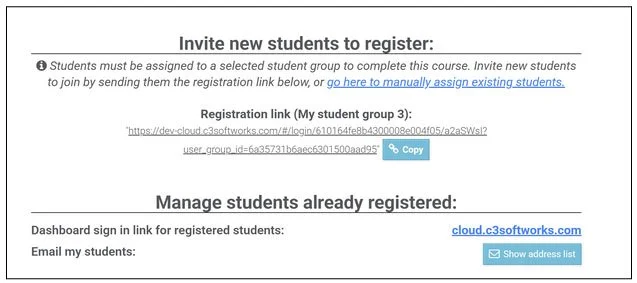 Screenshot of student registration instructions with a registration link and email address to manage registered students.