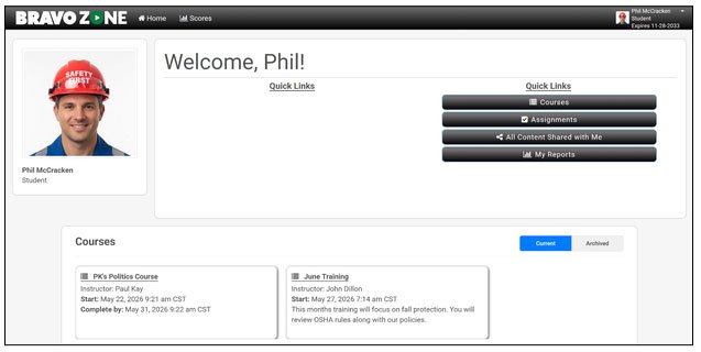 Screenshot of a user dashboard for Bravo Z One, displaying a welcome message to Phil, profile picture of a man wearing a red safety helmet, and links to courses, assignments, content, and reports. Courses listed include 'PK's Politics Course' and 'June Training' with respective instructors and start dates.