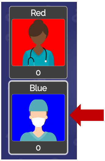 Illustration of a healthcare worker with a stethoscope under a red sign, and a person wearing a face mask under a blue sign, with the blue sign pointing to the person.