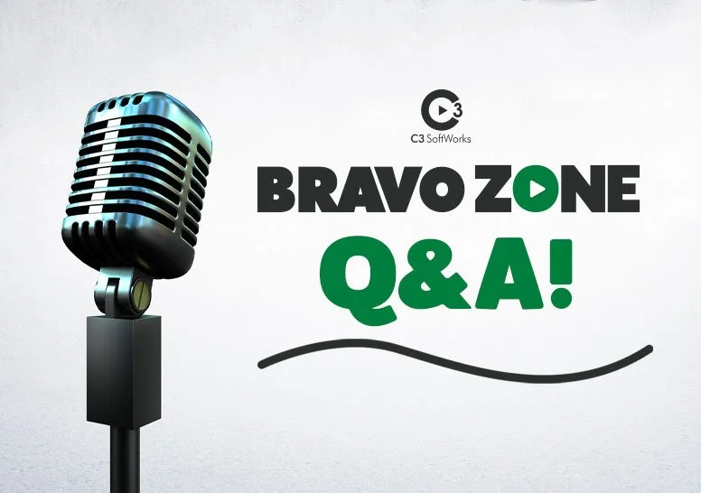 An illustrated vintage microphone next to the text "BRAVO ZONE Q&A!" with a small C3 SoftWorks logo above.