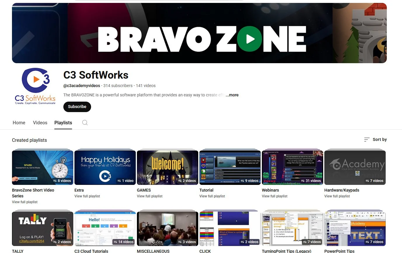 Screenshot of a YouTube channel page called C3 SoftWorks with various playlist thumbnails including videos on BravoZone, holiday greetings, games, tutorials, webinars, hardware, and more.