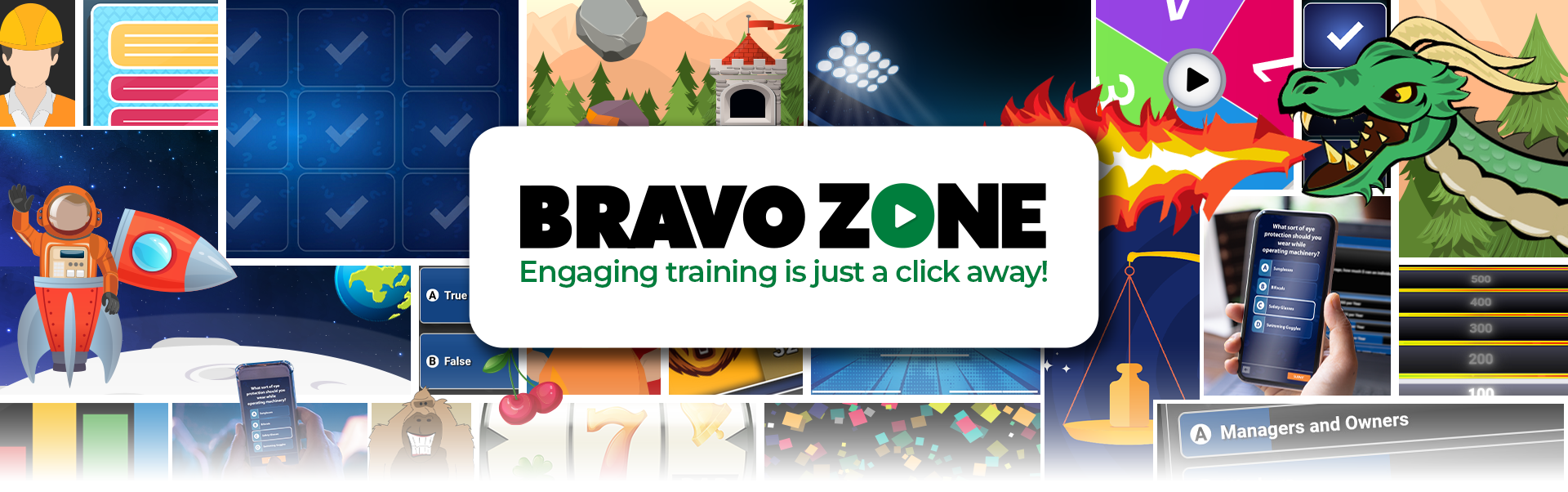 Collage of various engaging training scene images with the central logo of Bravo Zone, featuring its tagline 'Engaging training is just a click away!'