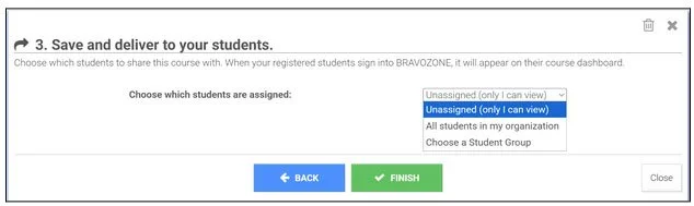 Screenshot of a course management interface showing options for assigning students, with a dropdown menu selecting 'Unassigned (only I can view)' and buttons labeled 'Back' and 'Finish'.