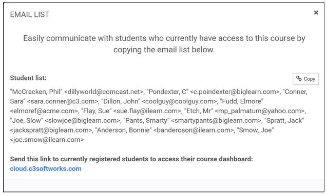 Screenshot of an email list with student emails and a link to access the course dashboard.
