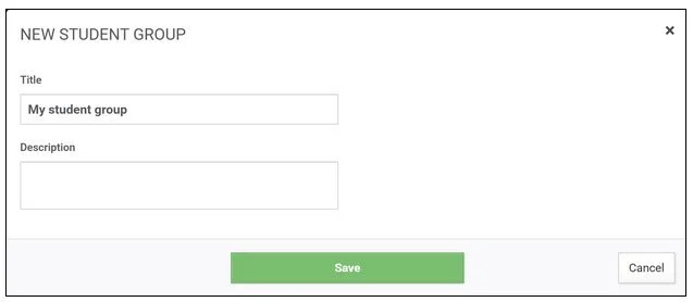 Online form titled 'New Student Group' with fields for 'Title' and 'Description', and buttons for 'Save' and 'Cancel'