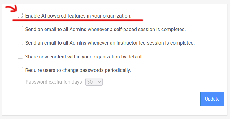 A computer screen showing a settings menu with options related to AI features, email notifications, content sharing, and password policies, with the first option 'Enable AI-powered features in your organization' checked.