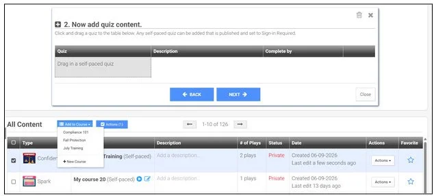 Screenshot of an online course platform showing a quiz setup page and a course list with details like course name, description, number of plays, status, and creation date.