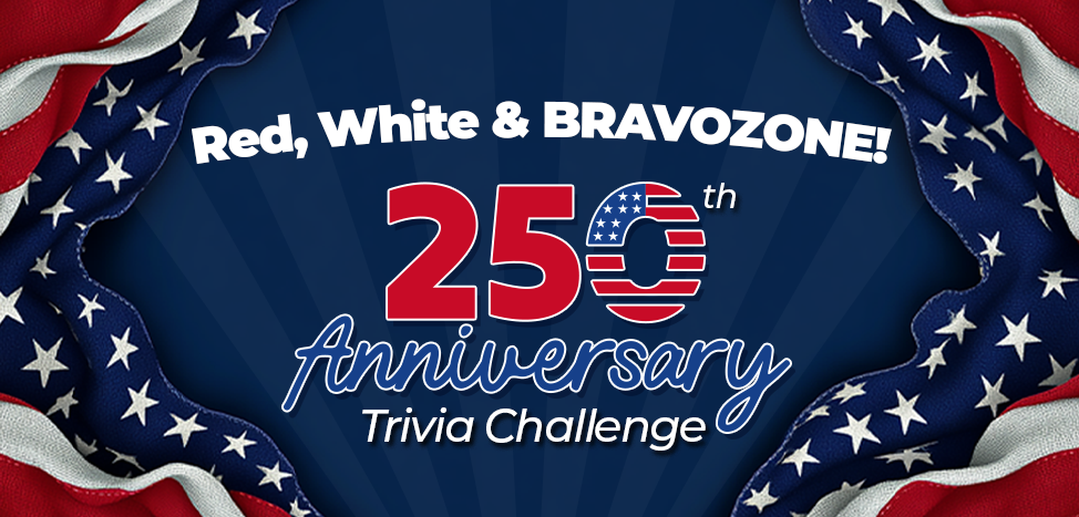A promotional graphic celebrating a 25th anniversary with red, white, and blue patriotic colors and patterns, featuring a trivia challenge.