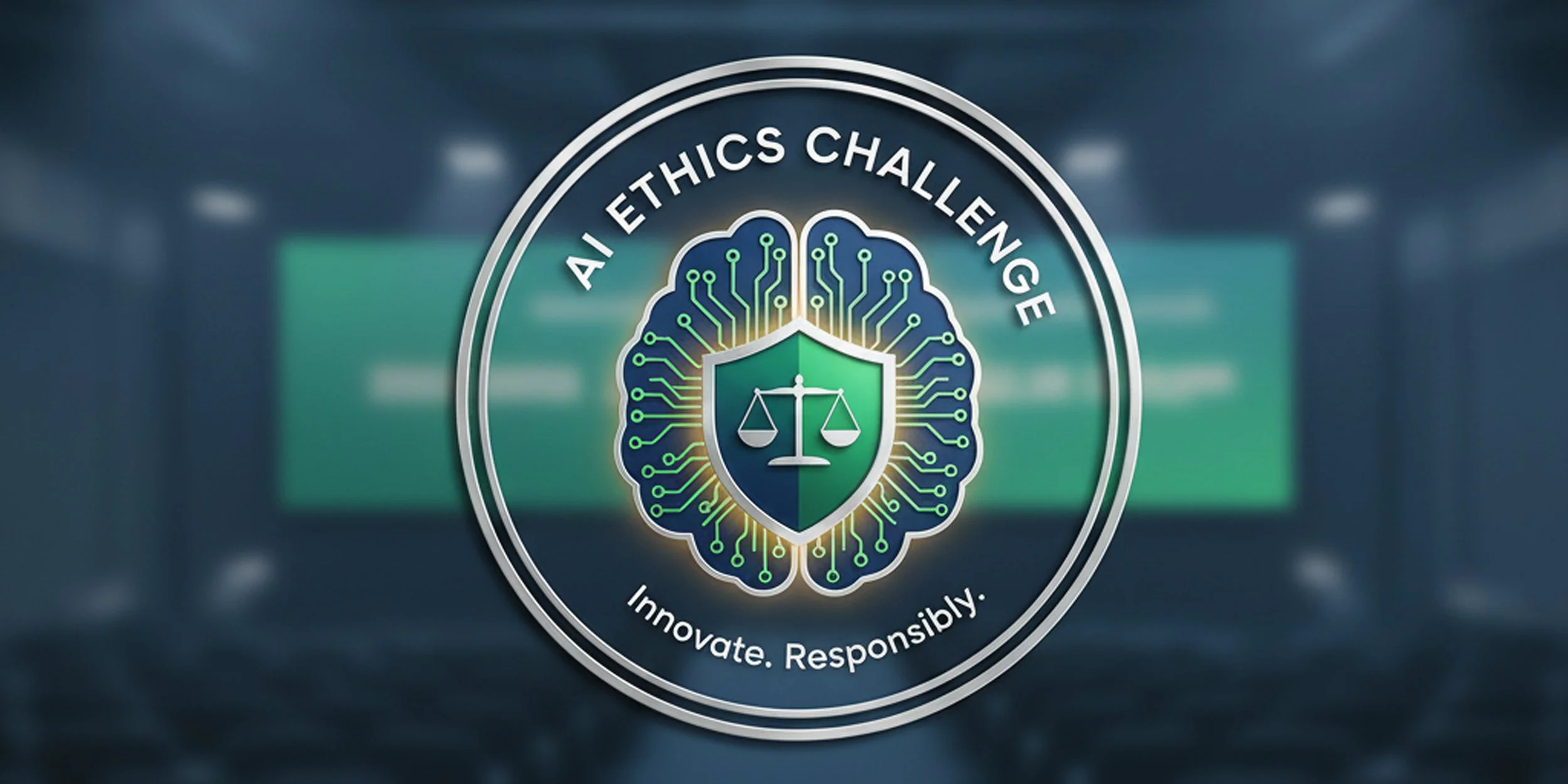 Logo with the words "AI Ethics Challenge" around a stylized brain with circuit lines and a shield with scales of justice, and the phrase "Innovate. Responsibly." underneath.