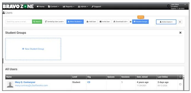 Screenshot of a web-based platform called Bravo ZONE showing user management interface with a section for student groups, a list of users including Mary Q. Contrayser with details like level, organization, quiz, sessions, date joined, and last online.