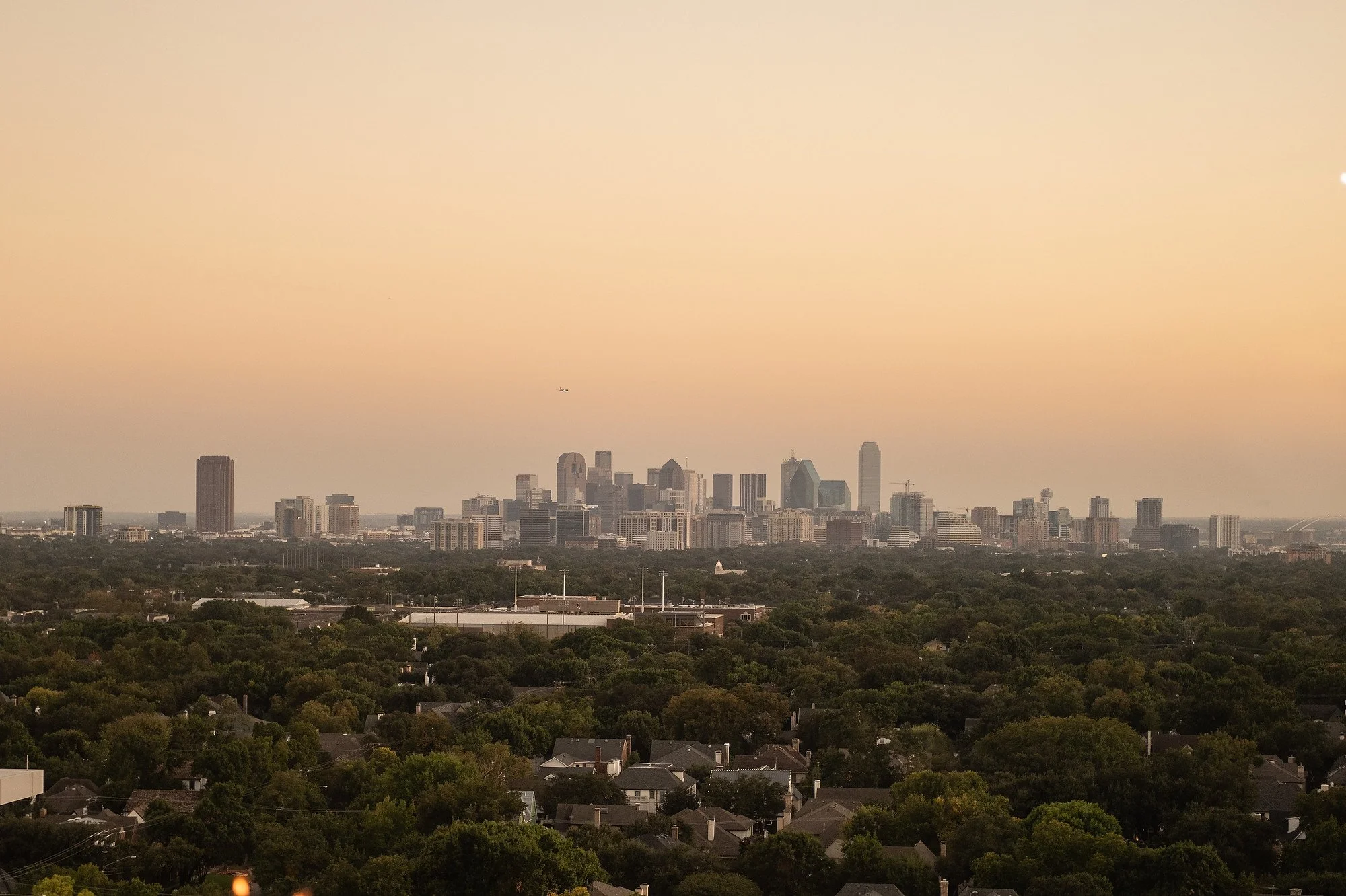 City skyline with tall buildings in the distance, surrounded by a green residential area with trees, under a hazy or smoggy sky.