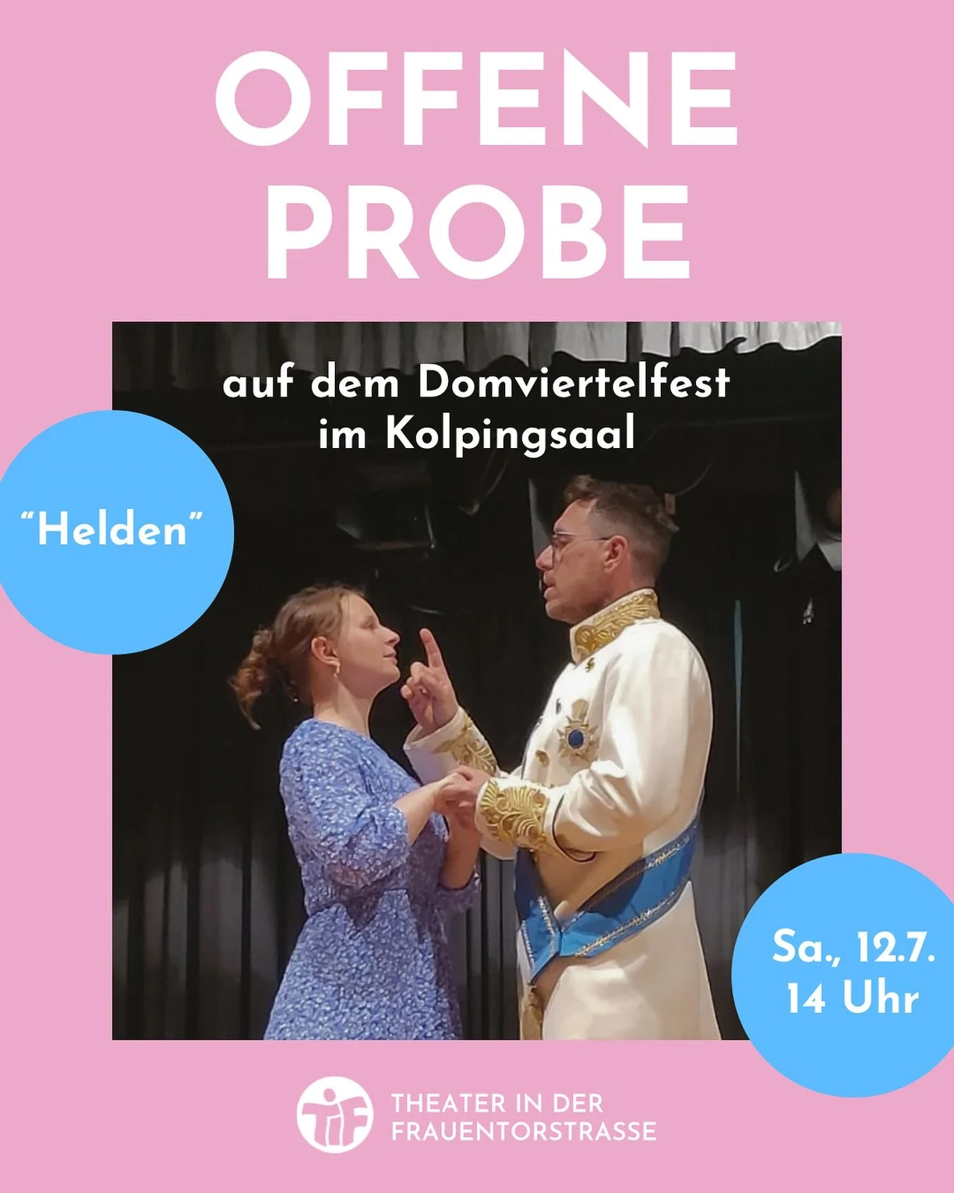 Kleiner Vorgeschmack auf unser St&uuml;ck 2025 👀

Am Samstag, den 12. Juli, findet von 10:00 Uhr bis 18:00 Uhr in den Kolpingh&ouml;fen das Domviertelfest statt. 
Wir freuen uns, dass wir um 14 Uhr in unserer gewohnten Spielst&auml;tte, auf der B&uu