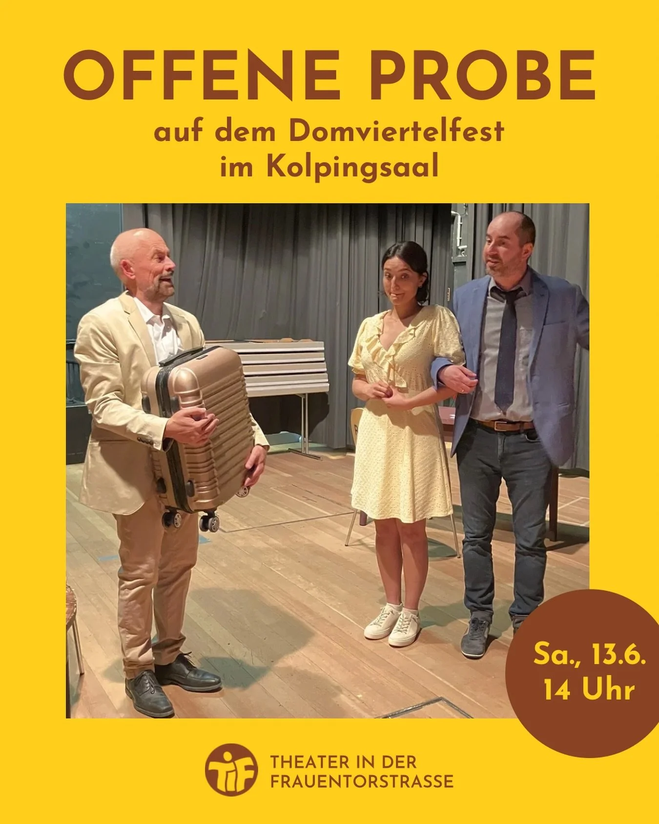 Nein! - Doch! - Ohhh! 😲

Am Samstag, den 13. Juni, findet ab 10:00 Uhr in den Kolpingh&ouml;fen das Domviertelfest statt. 
Wir freuen uns, dass wir um 14 Uhr in unserer gewohnten Spielst&auml;tte, auf der B&uuml;hne im Kolpingsaal, im Rahmen einer k