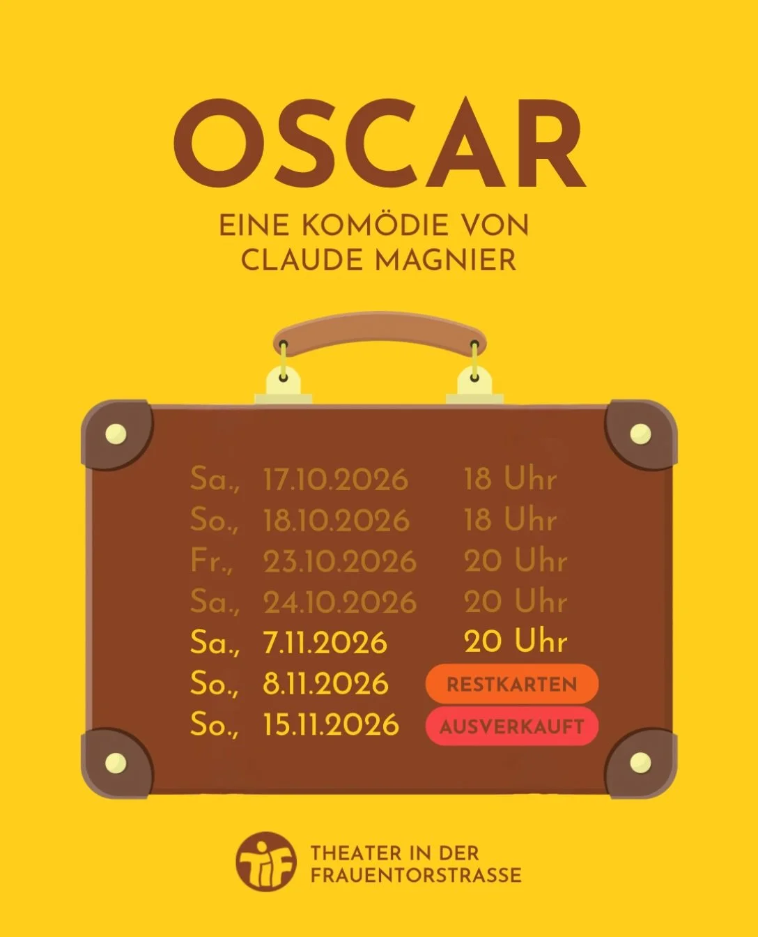 Oscar ist weg, die Millionen sind weg und jetzt auch fast alle Karten! 😱

❌ So., 15.11. &ndash; AUSVERKAUFT
🔥 So., 8.11. &ndash; Wenige Restkarten (und auch f&uuml;r den 7.11. gibt es nicht mehr viele)

🍀 Leer ausgegangen? Kommt auf gut Gl&uuml;ck