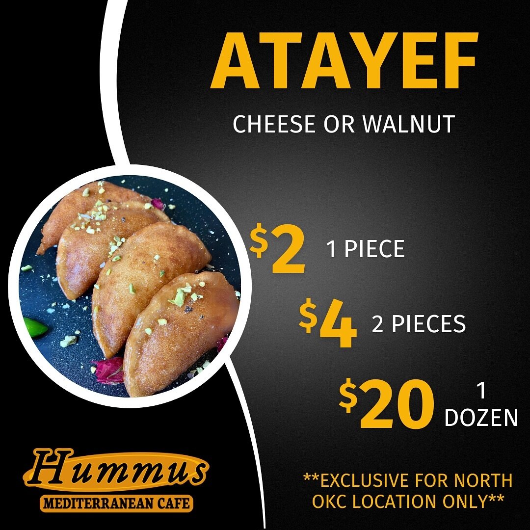 Unwrap the flavors of Ramadan with our homemade Atayef! A delightful balance of crispy shell and creamy filling - perfect for Iftar.

☎️ 405-216-5468
📍 33000 W Memorial Oklahoma&nbsp;City
💻 https://hummusmediterraneancafe.com
.
.
.
#oklahomafood #o