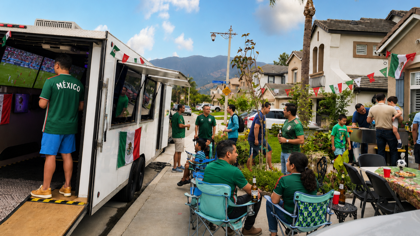 A photo of a party with a video game truck parked curbside while a large group of people are wearing Team Mexico Jersey.  Party decor is up with Mexico flags.   Inside the trailer they are playing FC 26 Soccer video game.
