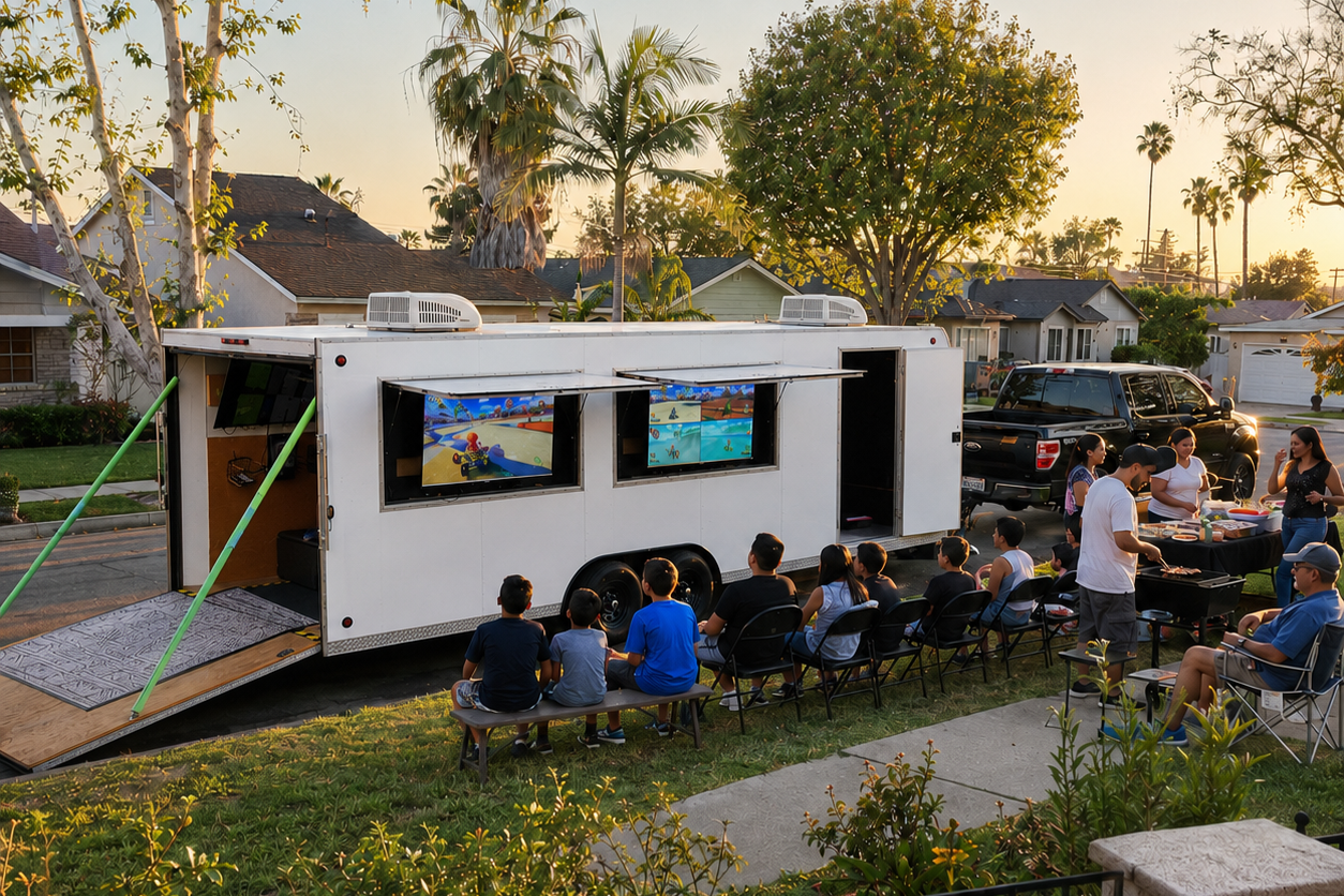 A mobile gaming or entertainment trailer set up outdoors in a suburban neighborhood with children and adults gathered around, some seated and some standing, watching screens on the trailer during sunset.