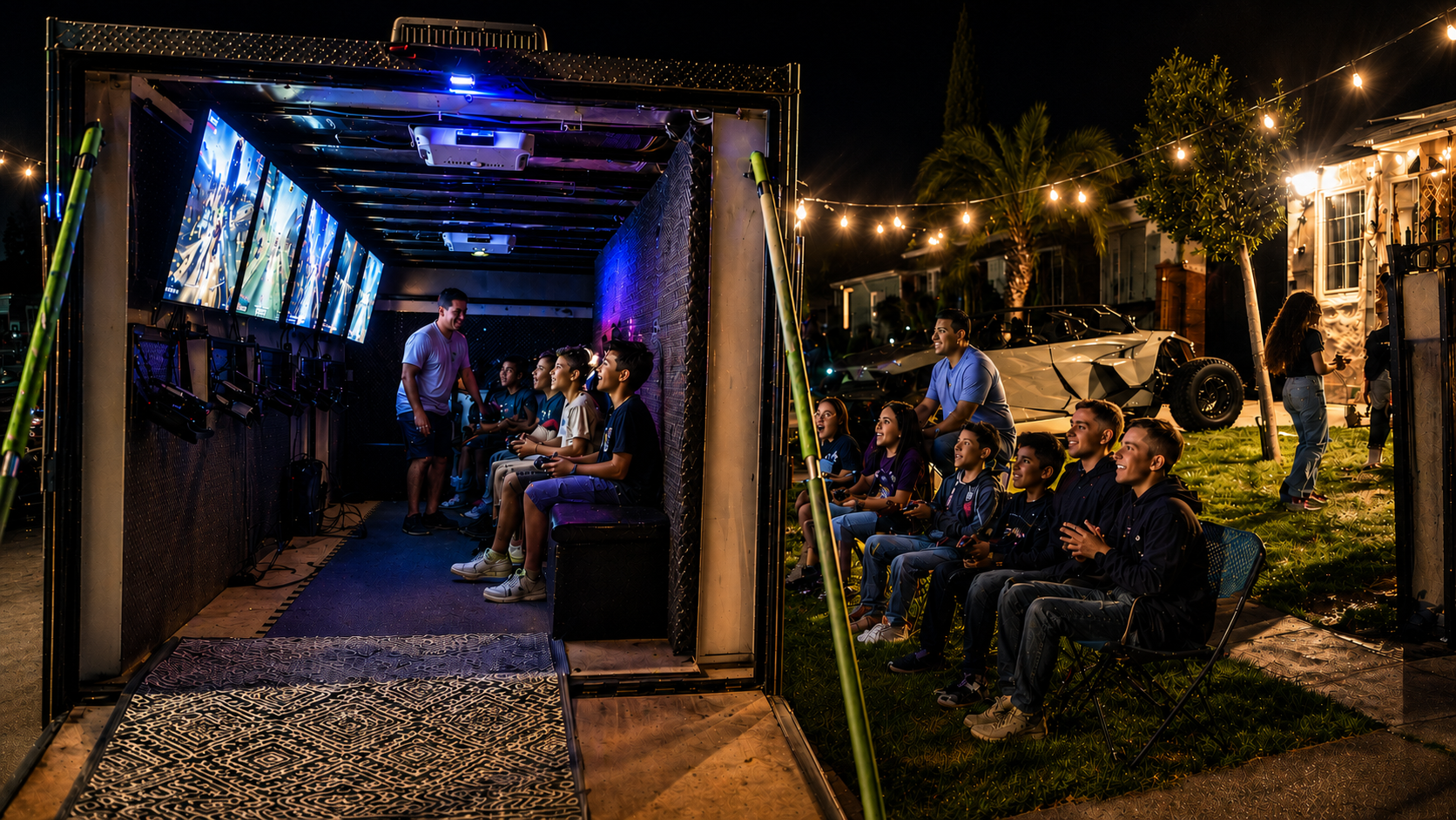 Image of video game truck with kids inside the trailer and kids sitting outside playing games in front of a residential home.