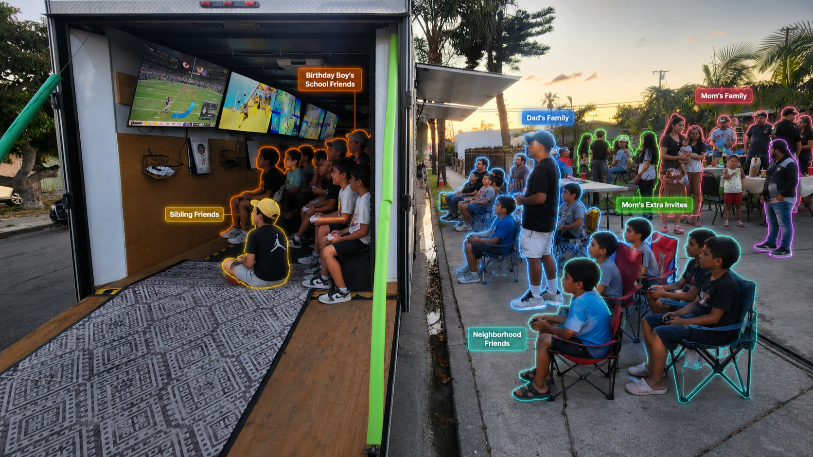 A large gathering of people around the video game truck.   Each group of people is highlighted in neon color by how they know the people at the party.  Example "mom's family", "Birthday Boys friends", "Neighborhood Friends" etc.