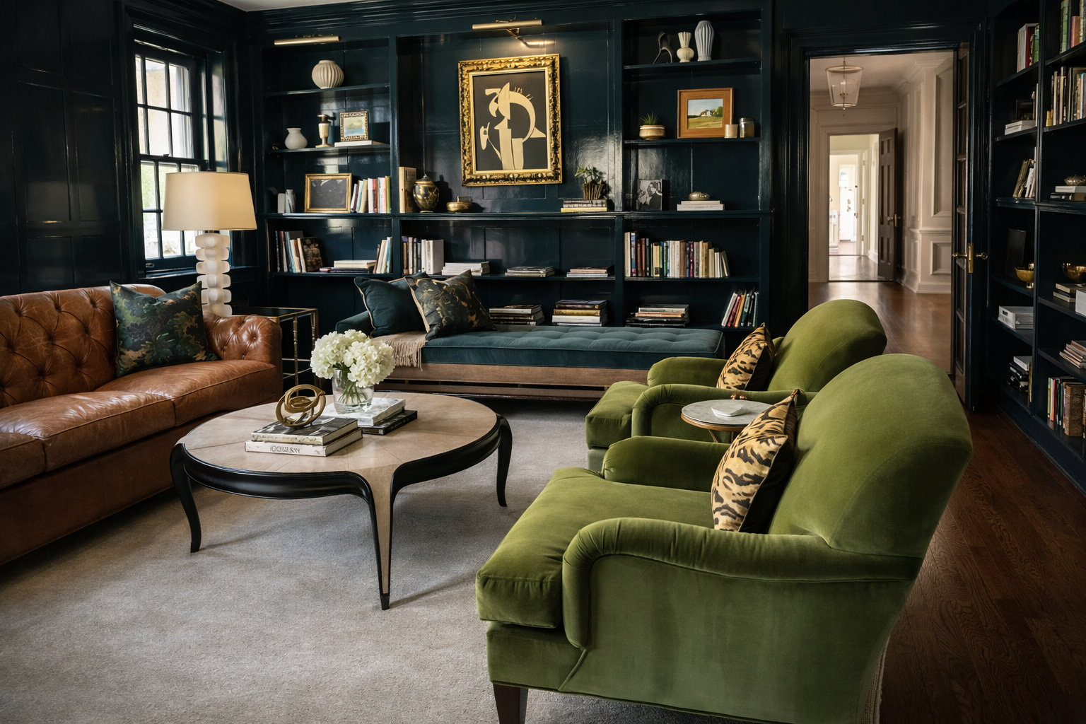 Historic home library with dark blue lacquered walls, built-in bookshelves, handsome leather and velvet armchairs, a coffee table with flowers and books, and framed art on the walls.
