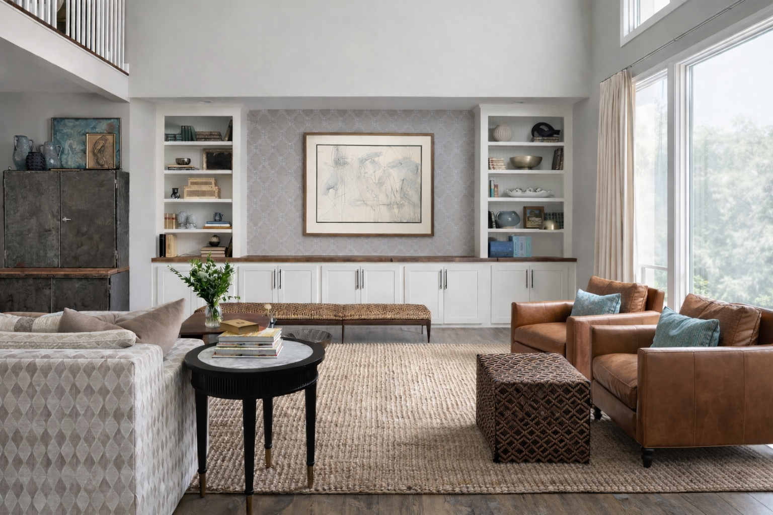 Living room with white built-in shelves, large framed artwork, beige carpet, brown leather armchairs with blue pillows, and large window with cream curtains.