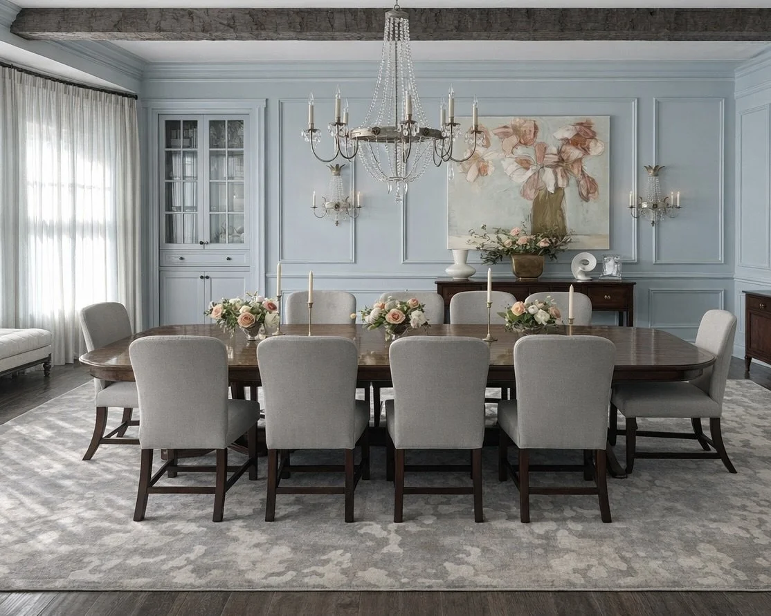 Elegant dining room with a large wooden table, ten upholstered chairs, a chandelier, wall sconces, floral arrangements, and original artwork of flowers on light blue paneled walls.