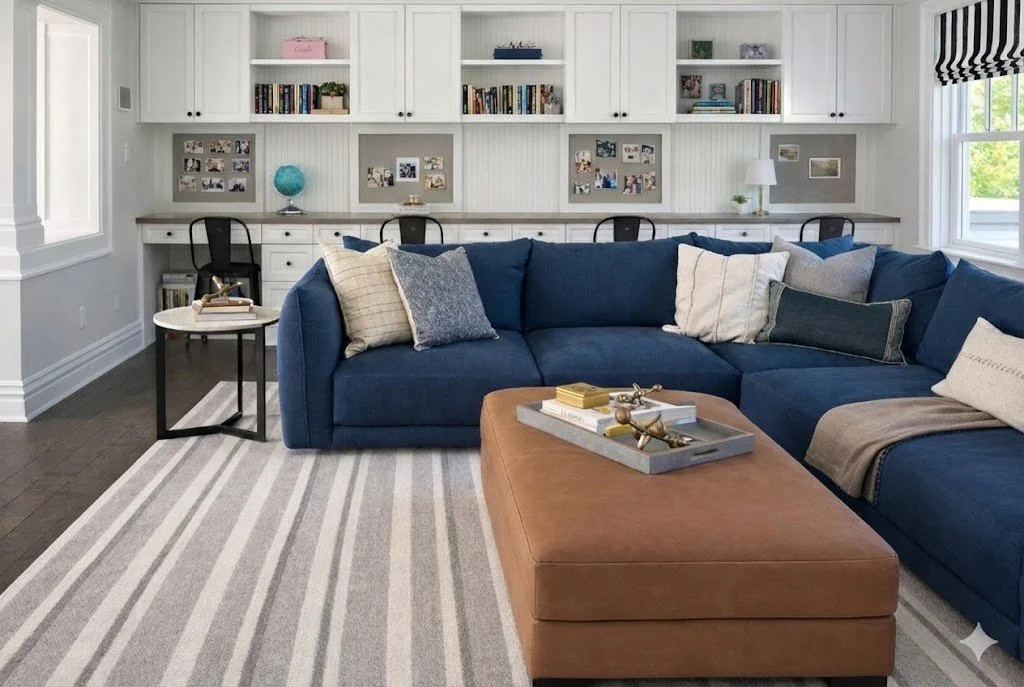 Kid's lounge room with a blue sectional sofa, a brown leather ottoman, a striped gray and white rug, a wall of built-in desks and shelving for kids' homework, a side table with a tray, and windows with navy and white striped curtains.