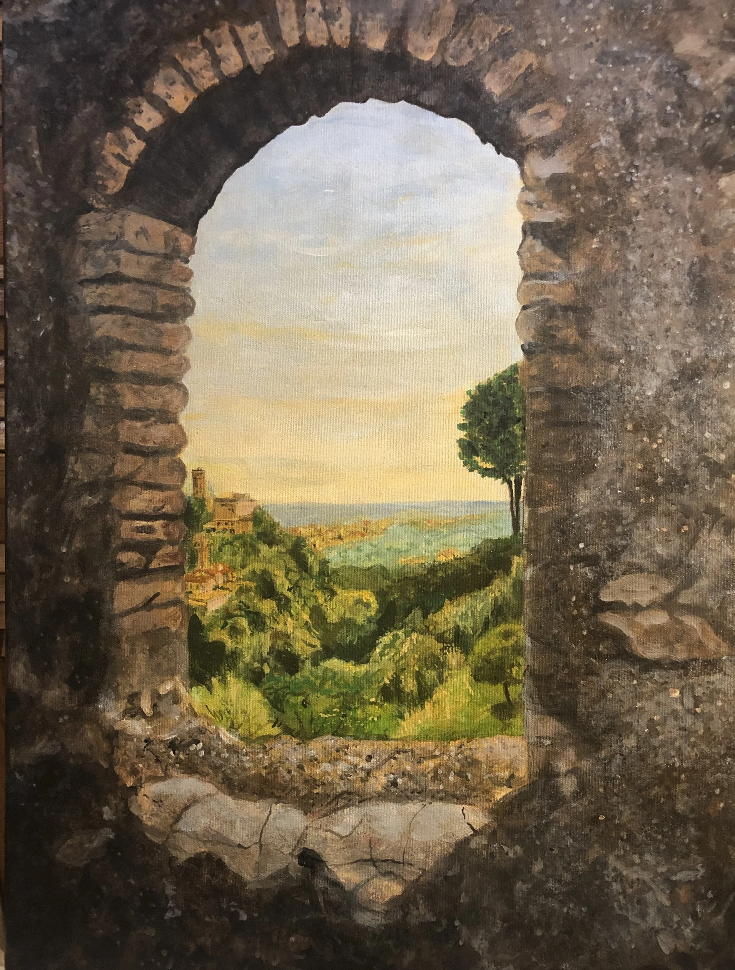 View from Sant' Antonio, Tivoli
18" x 24"
Acrylic on Canvas
Price: $650.00
Signed: BARBARA J SLOAN. Unframed. For local pickup, delivery is free. FOR U.S. shipping, I use UPS, which is an additional charge. Contact me at followthegleam@aol.com to pay