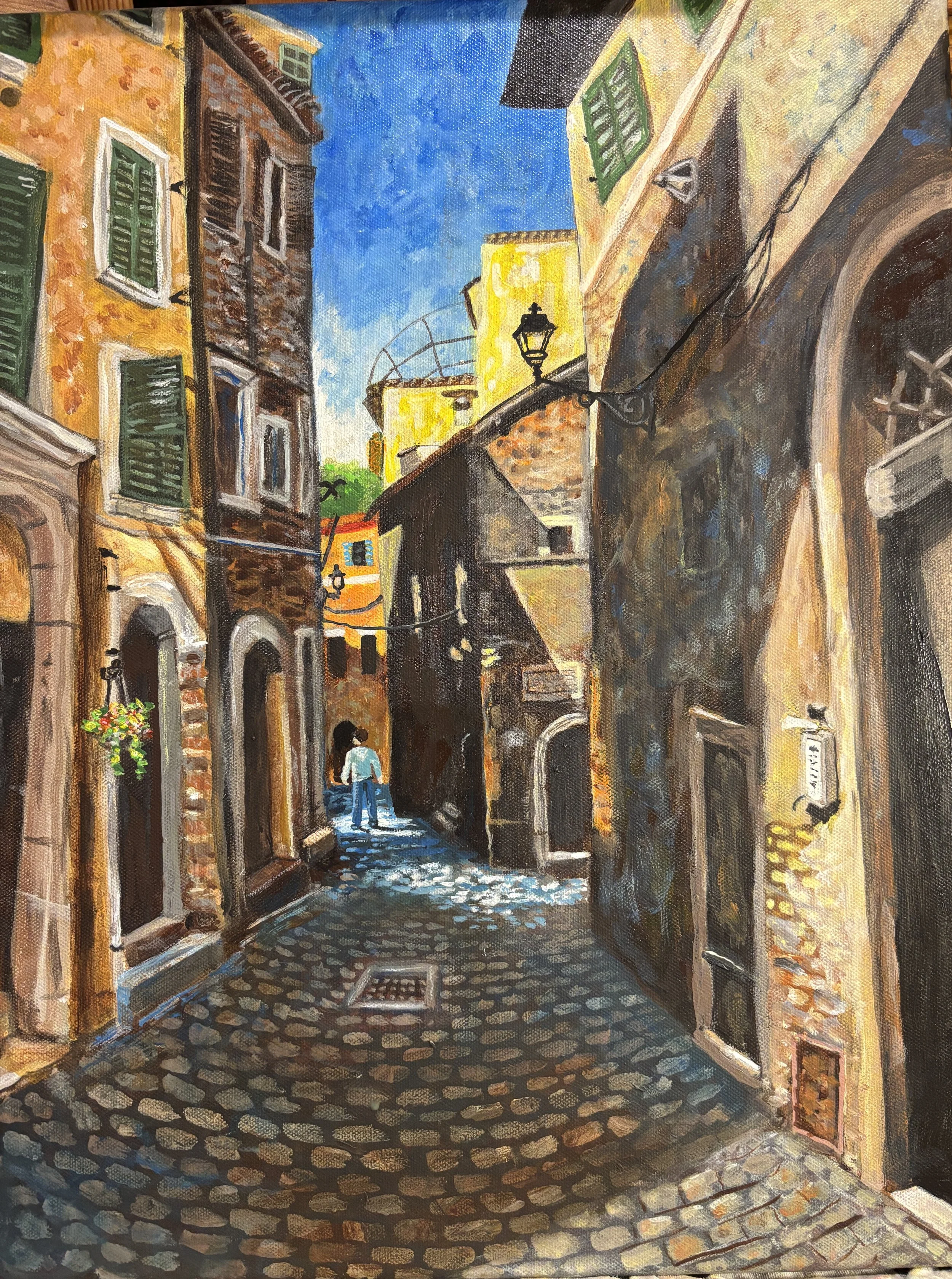 Street in Italy
"This world's a city full of straying streets, / And death's the market-place where each one meets." 
Medium small painting - 14" x 18"
Acrylic on Canvas
Price: $450.00
Signed: BARBARA J SLOAN. Unframed. For local pickup, delivery is 
