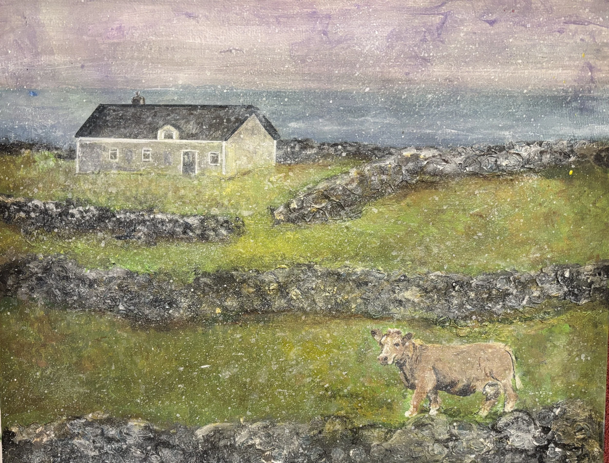 House and Cow on  Inis Mór
"Whiles I in Ireland nourish a mighty band, I will stir up in England some black storm Shall blow ten thousand souls to heaven or hell."
Small Painting - 11" x 14"
Acrylic on Canvas Board
Price: $150.00
Signed: BARBARA J SL