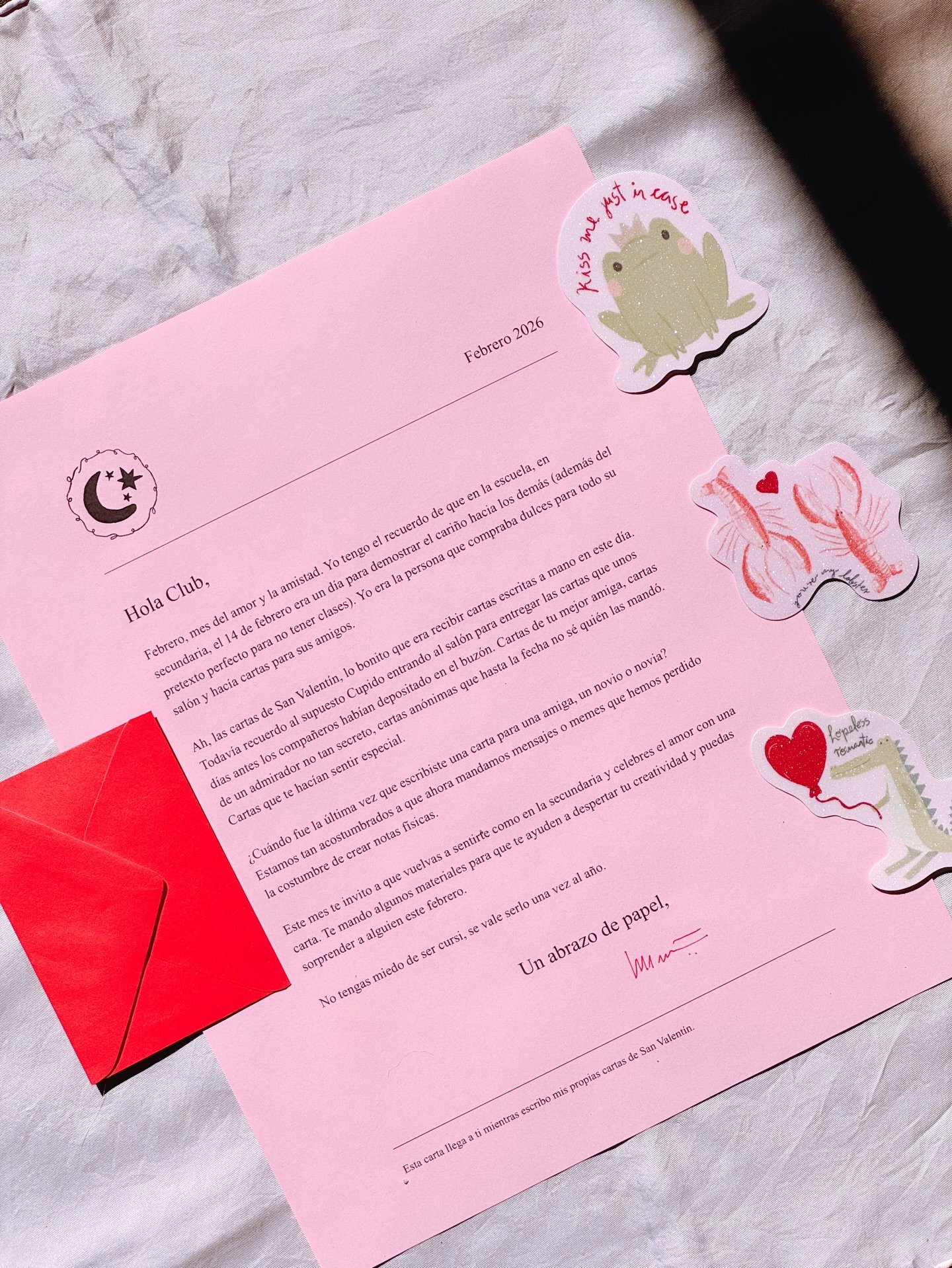 La carta de febrero lleg&oacute; llena de mucho amor 🩷 y fue una invitaci&oacute;n para escribir tus propias cartas y ser un poco cursi 💌

Si quieres recibir la siguiente carta m&aacute;ndame un mensaje o suscr&iacute;bete en el enlace en mi perfil