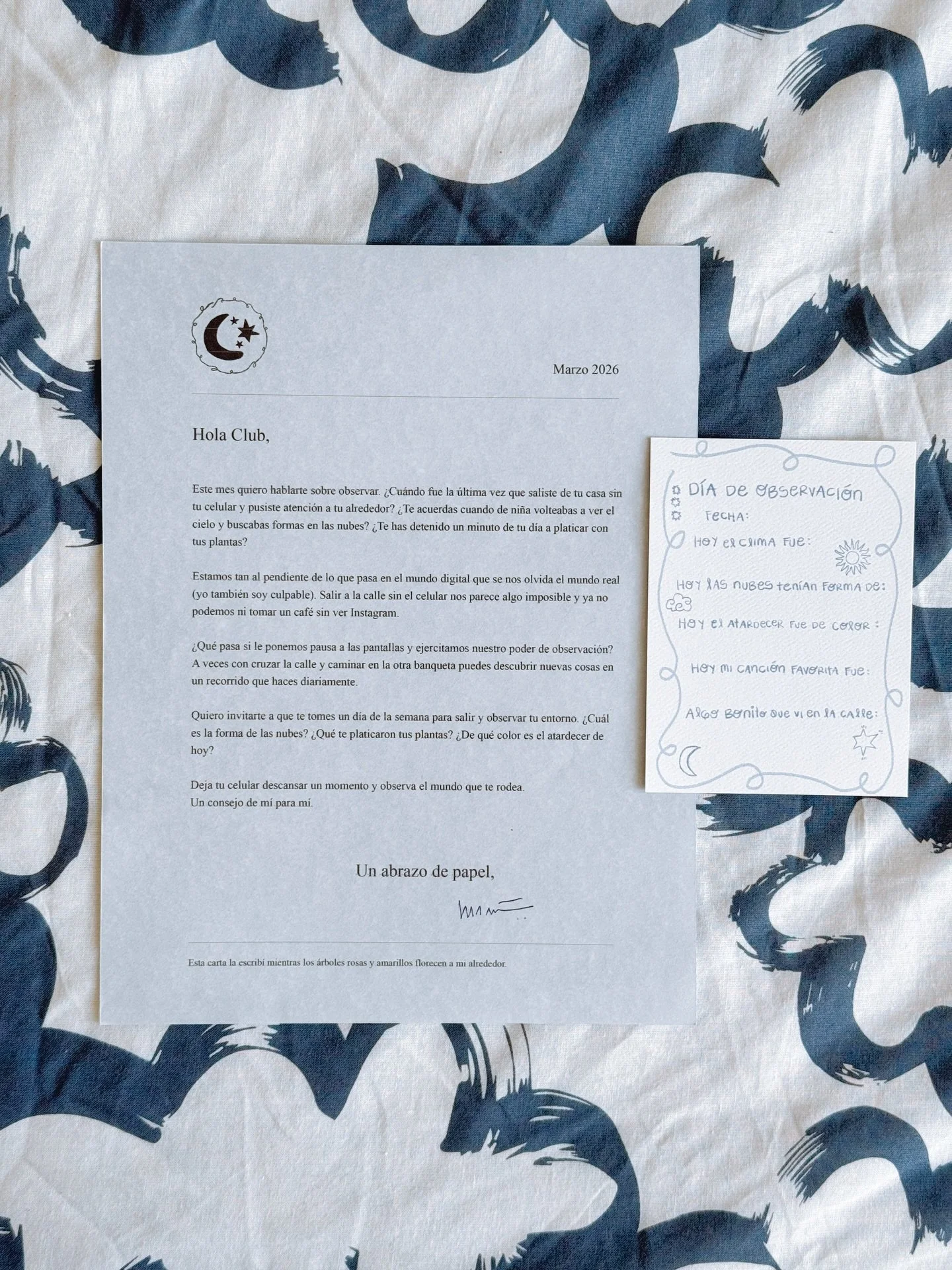 La carta de marzo ☁️ de no olvidarnos de observar y soltar un ratito el celular. Esta carta fue para darnos un momento para encontrar formas en las nubes, detenernos a observar el atardecer y dejarnos sorprender por lo que no rodea ☁️ 

Si quieres re