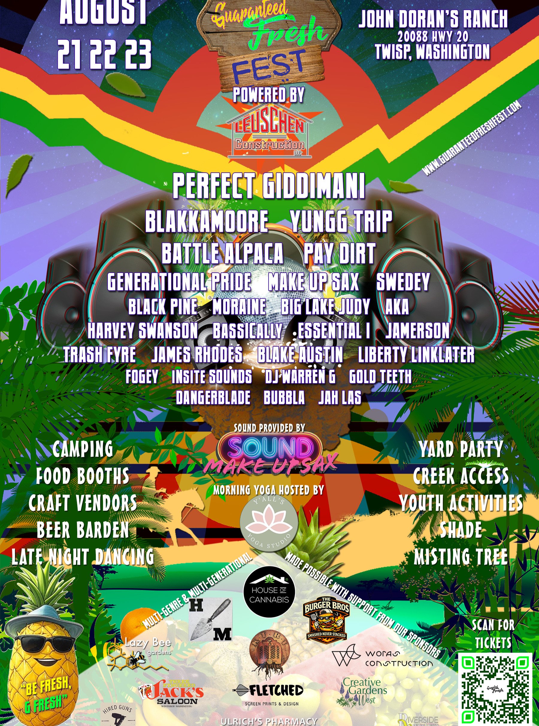 HERE IT IS! THE FULL LINEUP FOR THE 4TH ANNUAL GUARANTEED FRESH FEST!!

Mark down the dates! Tell your friends! Plan to meet up for an EPIC weekend August 21st-23rd, 2026!

SAVE 20% off online ticket purchases of Full Weekend and Single Day Music pas
