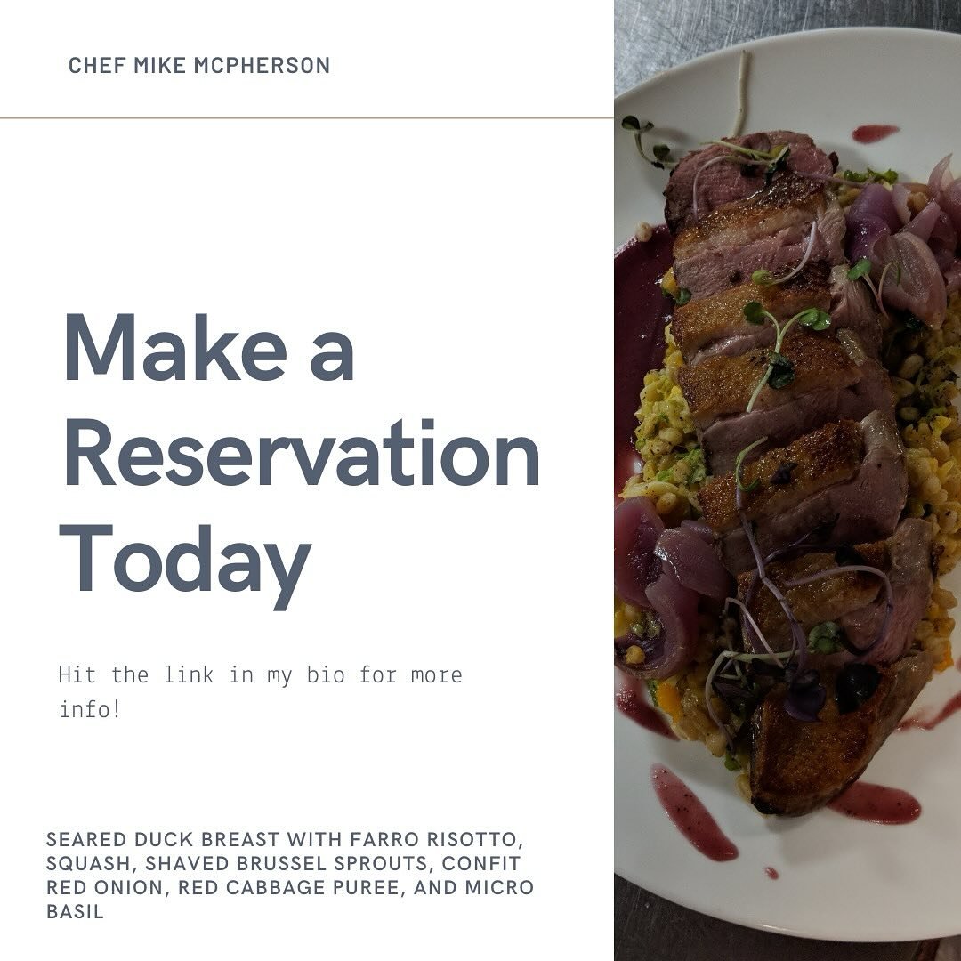 Learn more about the reservation process or contact me on my website! It will be my best point of contact and best source of information.
Food Featured in photo:
Seared Duck Breast with Farro Risotto, Squash, Shaved Brussel. Sprouts, Confit Red On