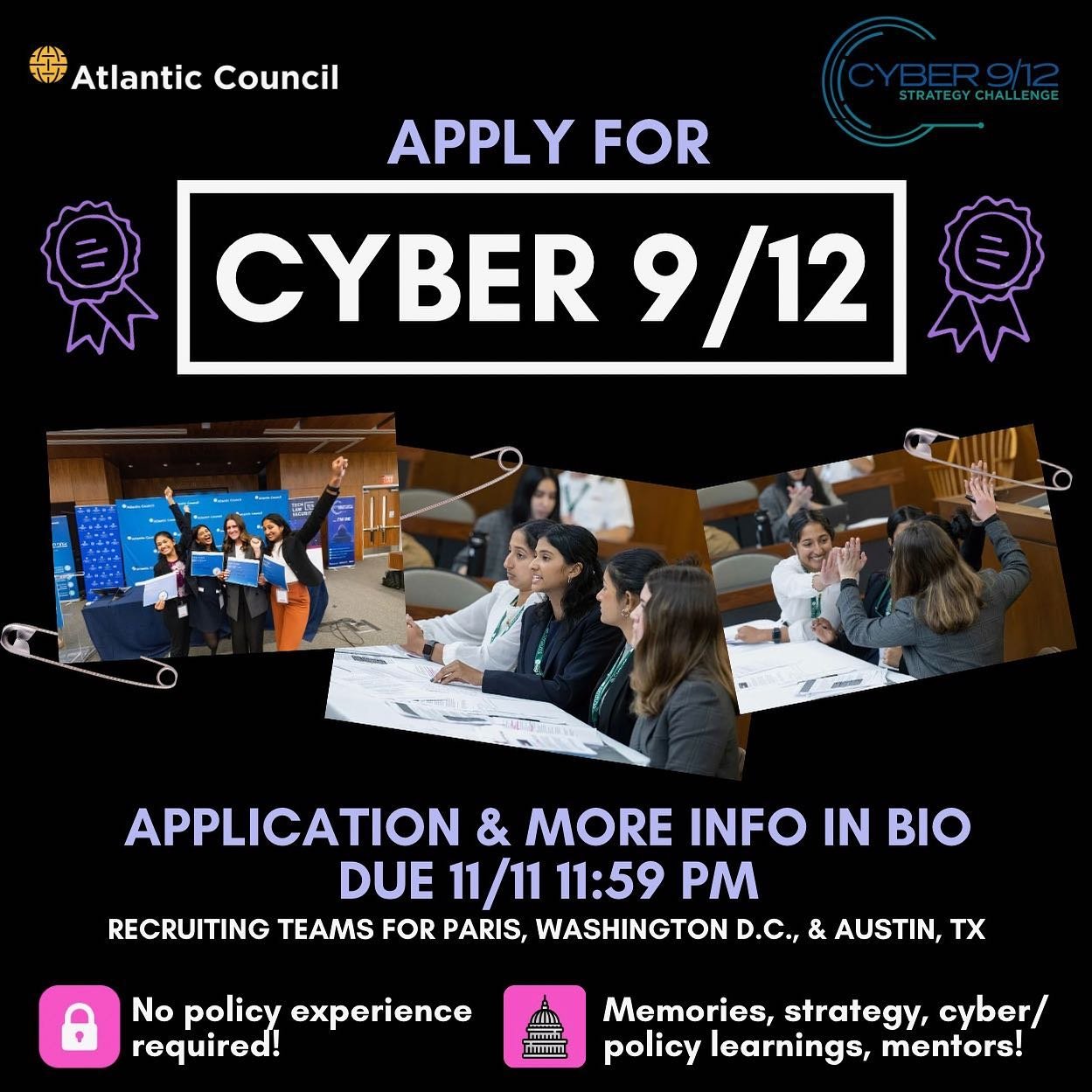 APPLICATIONS ARE LIVE! Apply to our Cyber 9/12 team by next Monday, November 11, 11:59 PM! Find the application and more info in our bio. 

&mdash;

Cyber 9/12 Strategy Challenge is a global cyber policy and strategy competition in developing policy 