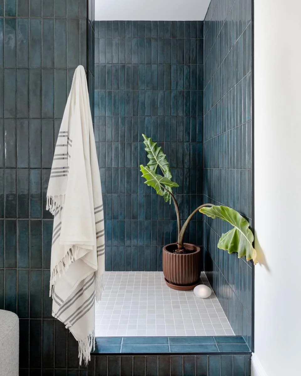 A shower that feels more like a retreat. Rich blue tile, clean lines, and a touch of greenery bring spa-like calm into the everyday.

#interiordesign #home #remodel