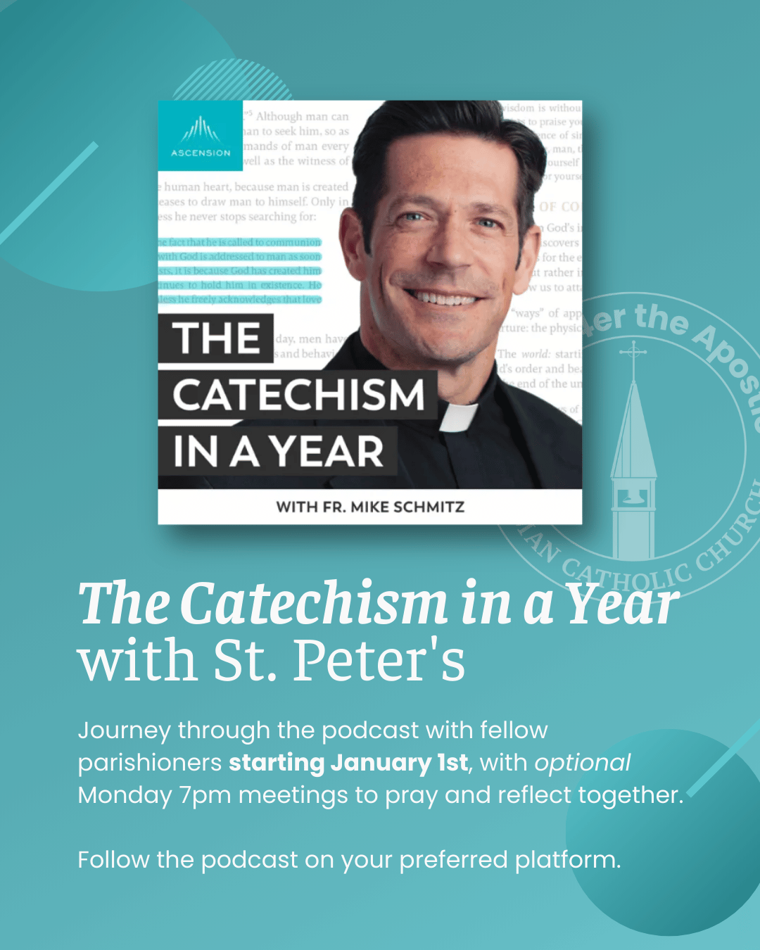 Flyer with the cover of The Catechism of a Year with the smiling face of Father Mike Schmitz