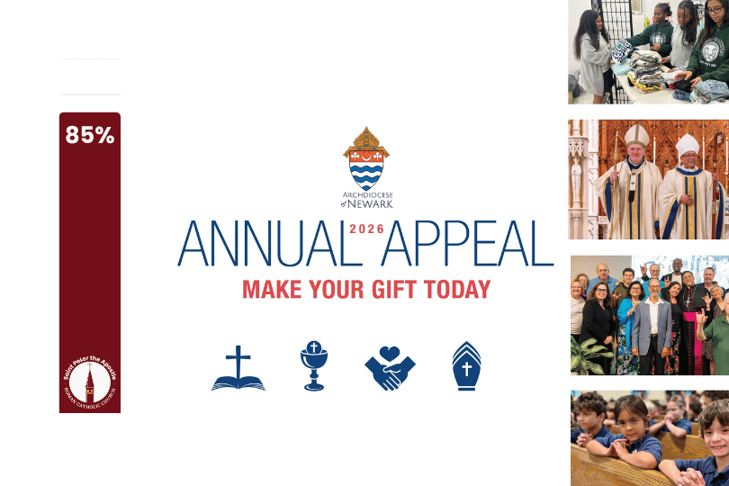Logo for Archdiocese of Newark Annual A with progress bar at 64 percent and photos of various ministries