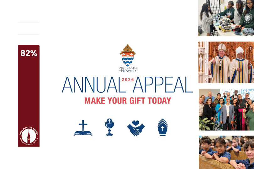 Logo for Archdiocese of Newark Annual A with progress bar at 64 percent and photos of various ministries