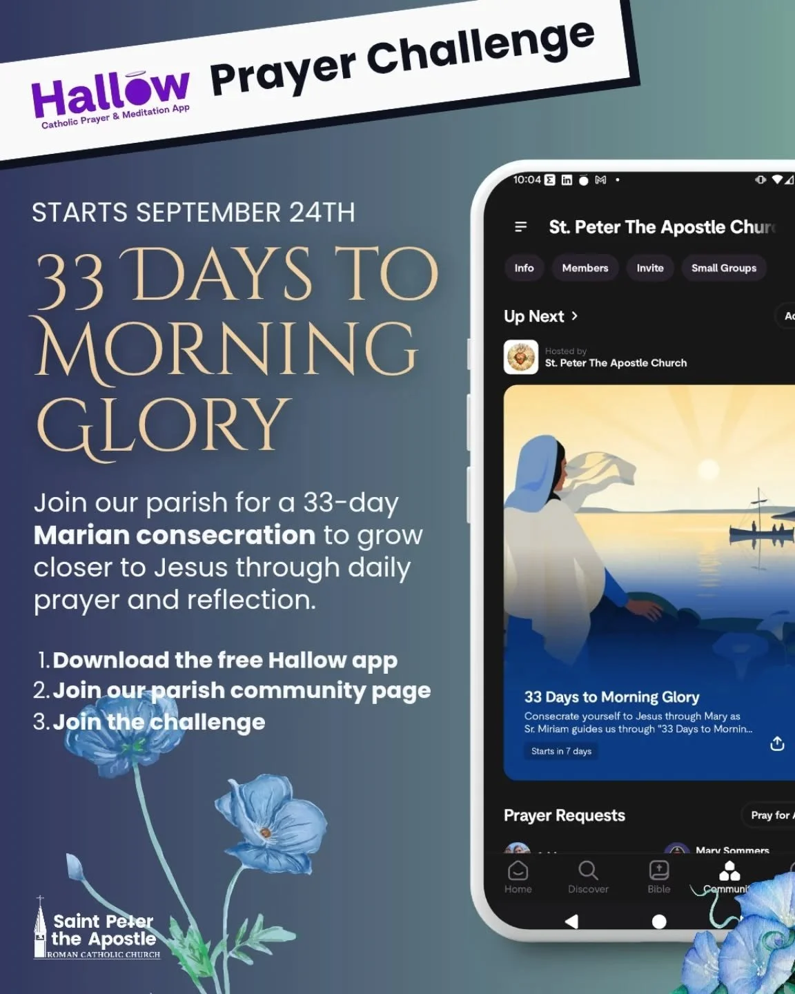 Happy Fall! The Month of the Holy Rosary comes in October 🌹 Join your fellow parishioners for a 33-day Marian Consecration prayer challenge on the Hallow app, beginning Wednesday, Sept. 24! Guided by Sr. Miriam through 33 Days to Morning Glory, we&r