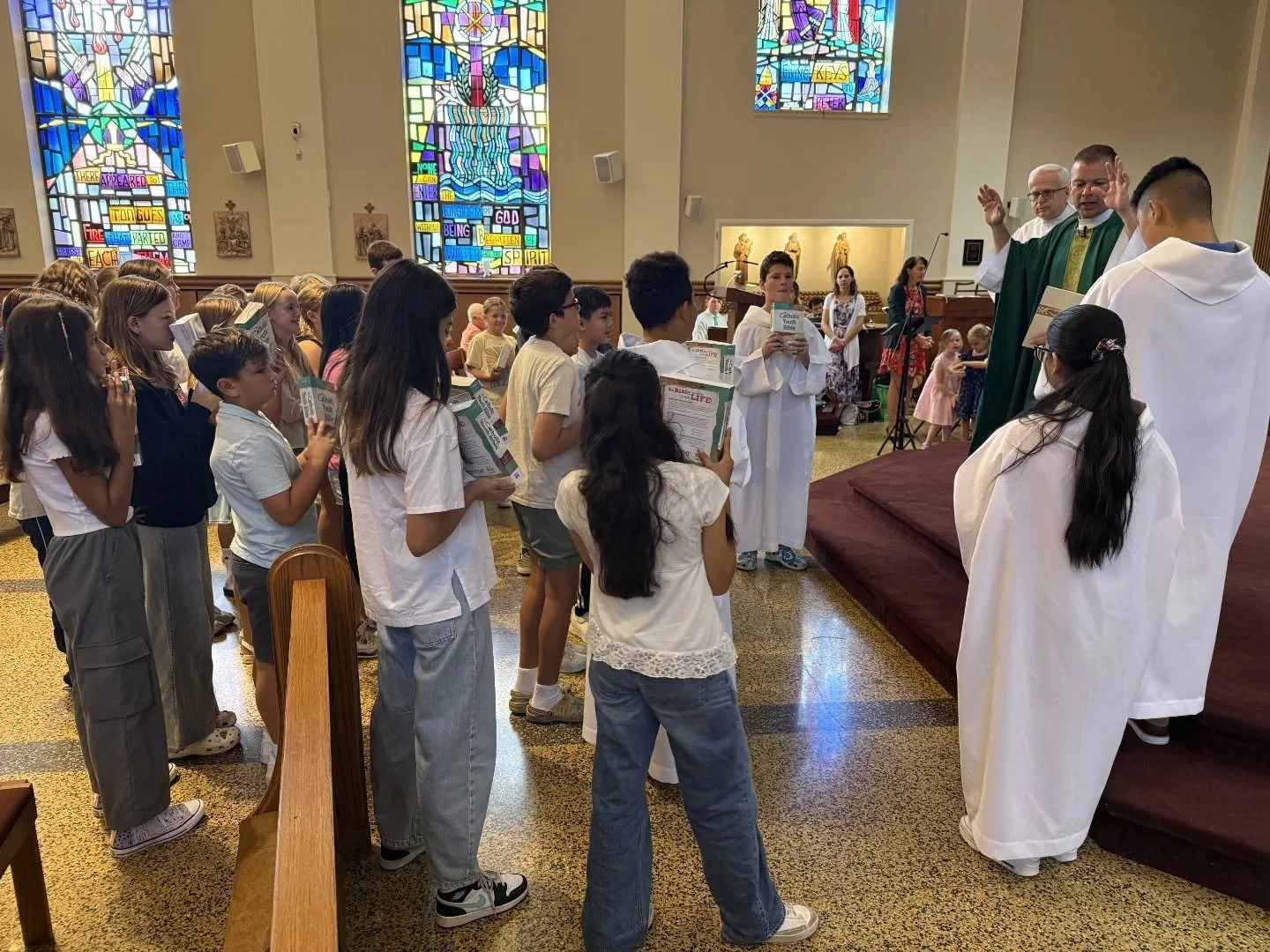 What a great Sunday at St. Peter's today!

🙏Our 6th grade Faith Formation students received a special Bible blessing to kick off the new catechetical year. Please pray for them!

🕊️ Our three catechumens received their Rite of Entrance into the Cat